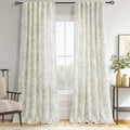 Green Floral Curtains 84 in Length Back Tab Linen Panels - Light