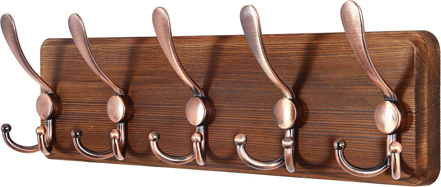 Rustic Pine Wood Wall Coat Rack with 5 Triple Hooks for Home