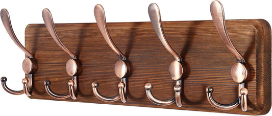 Rustic Pine Wood Wall Coat Rack with 5 Triple Hooks for Home
