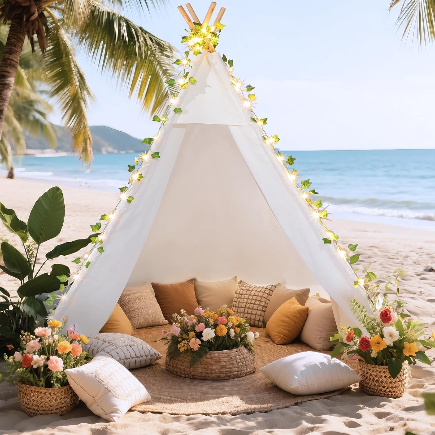 Large Teepee Tent 79in High for Adults & Kids with LED Lights