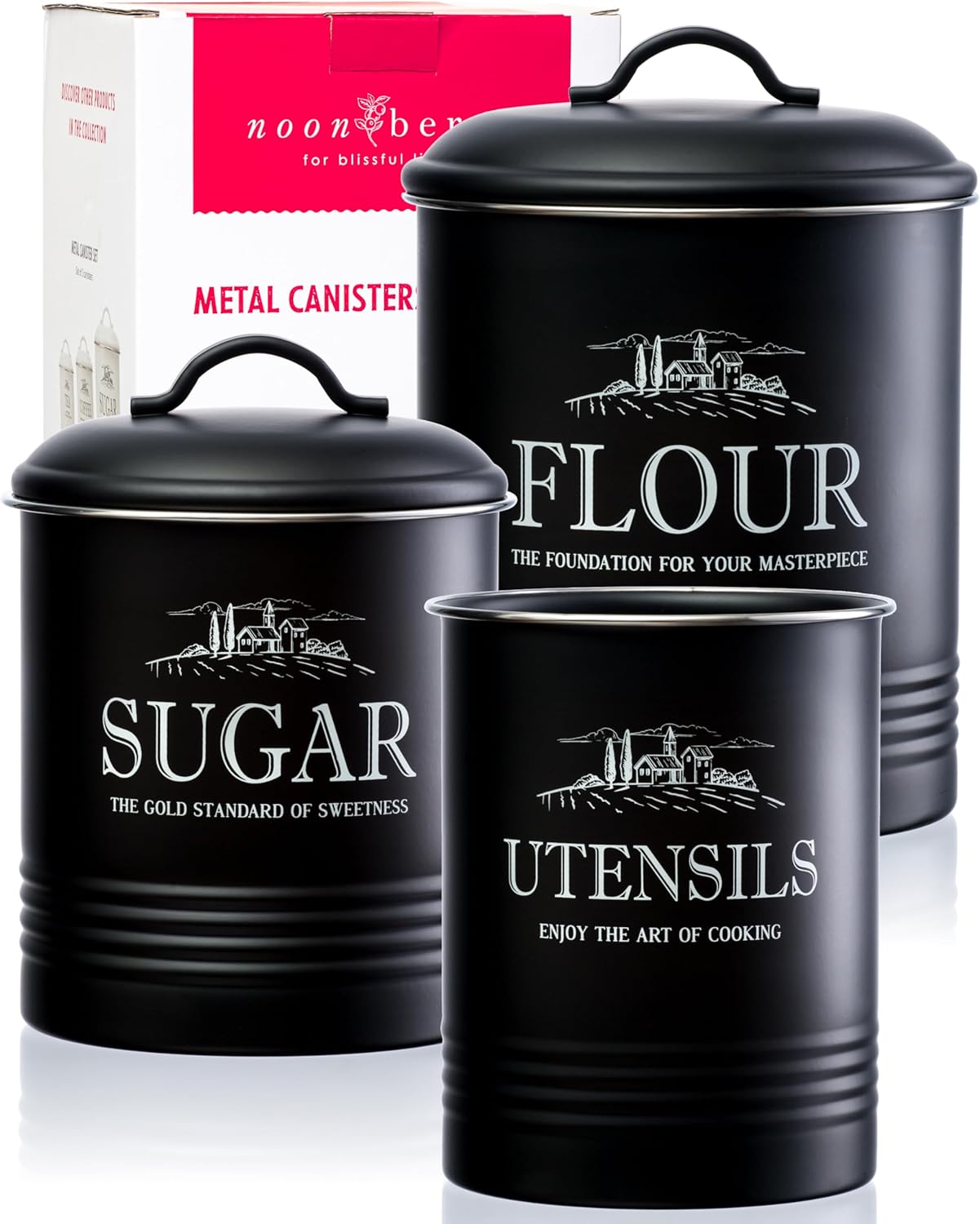 Black Canisters for Kitchen Counter - Rustic Farmhouse Set