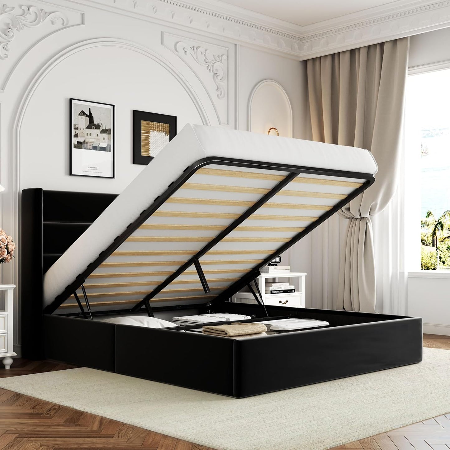Allewie Full Size Velvet Lift Up Storage Bed with Elegant Design
