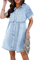 Luvamia Casual Short Sleeve Button Down Tiered Denim Babydoll Dress