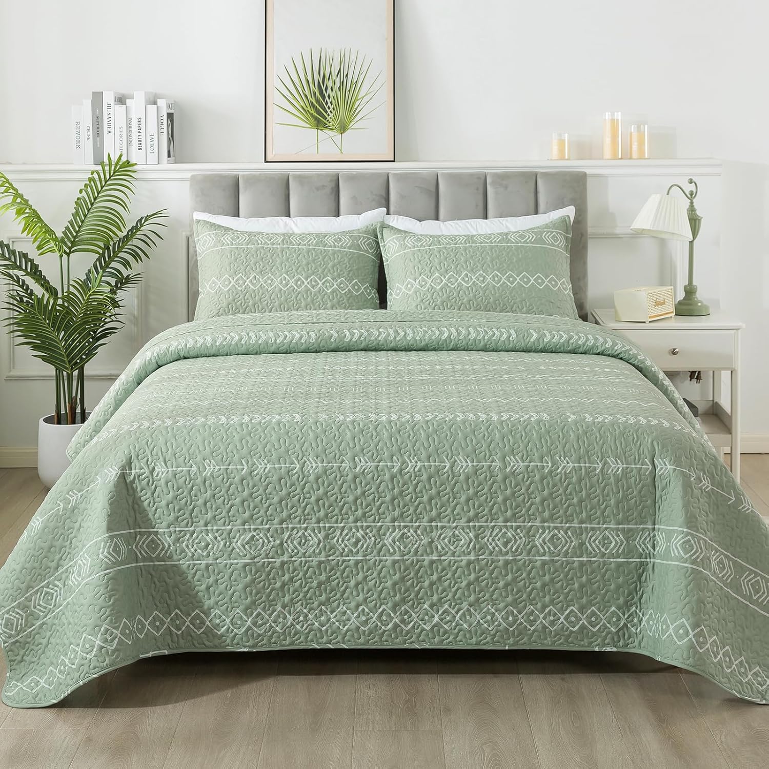 Andency Sage Green Quilt Set Queen - Lightweight Bohemian Style