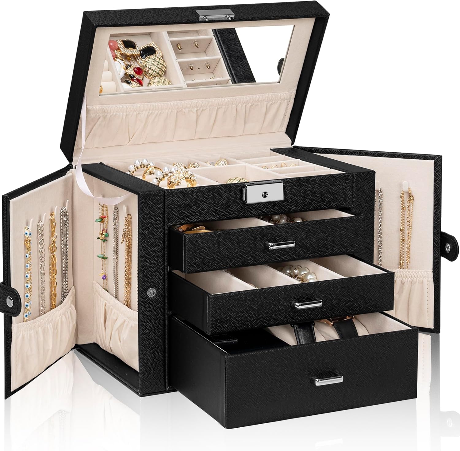 Elegant 4-Tier Jewelry Box with Lockable Storage for Women