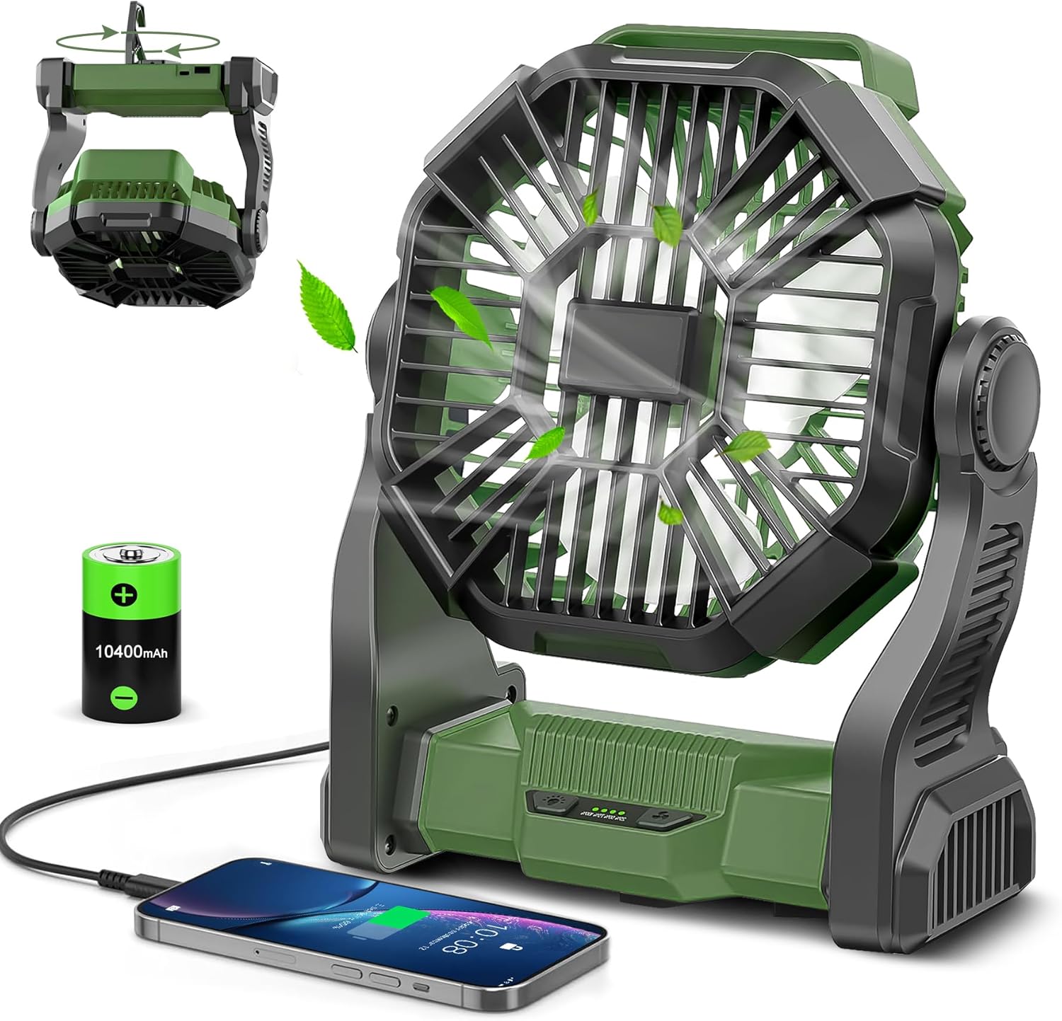 CONBOLA 10-Inch Portable Rechargeable Camping Fan: LED Light, 270 Rotation