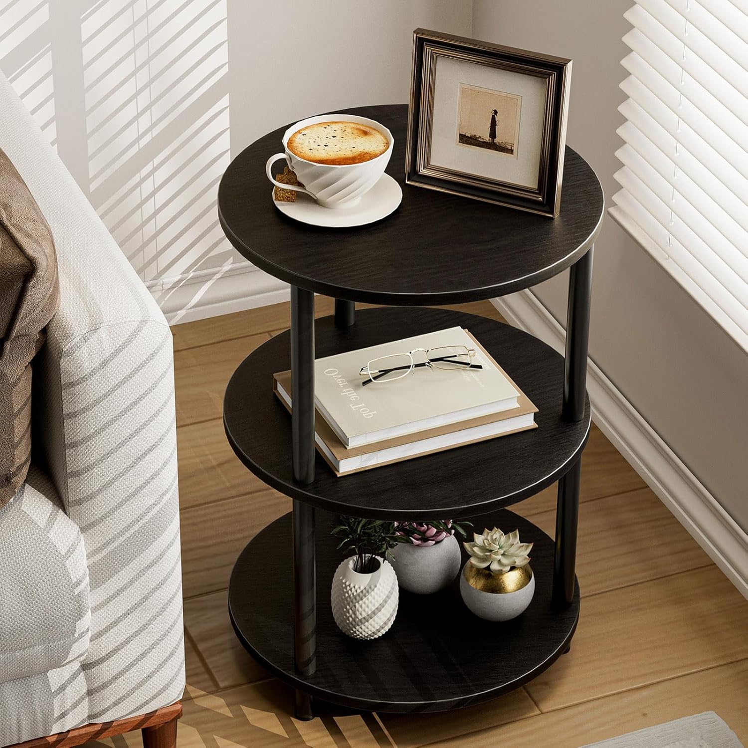 Small Round End Table with 3 Tiers for Compact Spaces