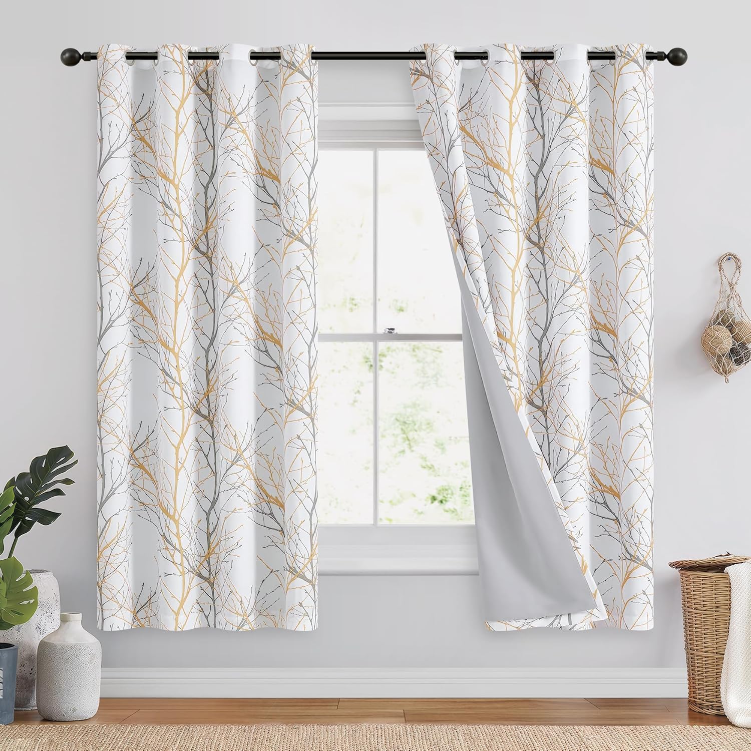 100% Blackout Curtains with Yellow White Tree Design for Home