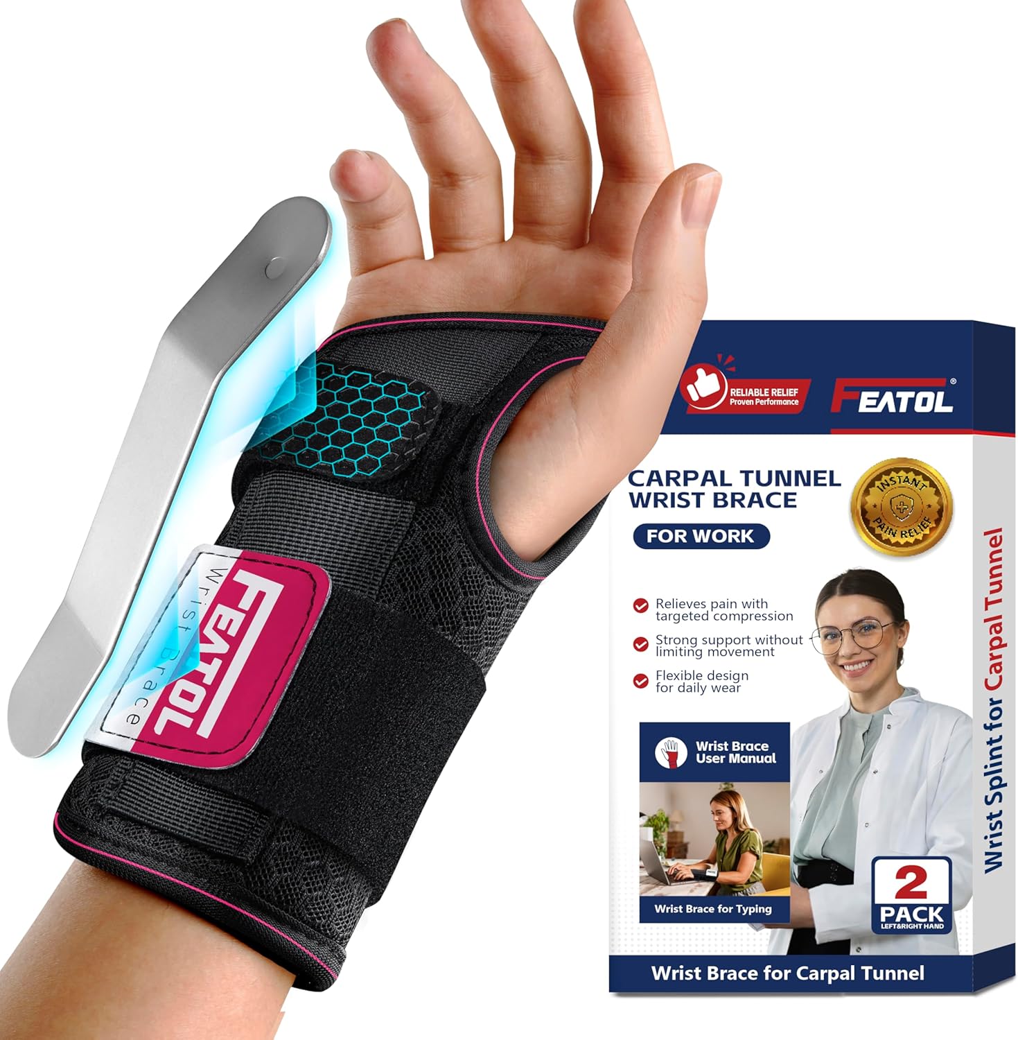 FEATOL Carpal Tunnel Wrist Brace for Pain Relief and Support