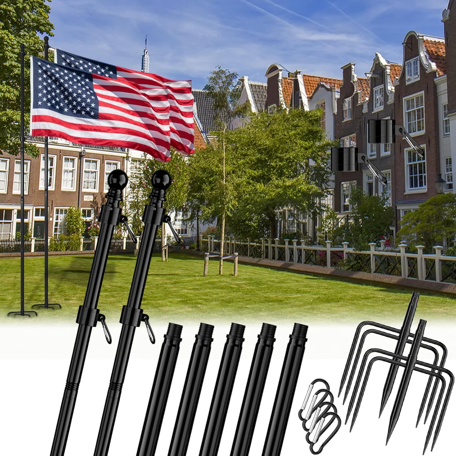 8FT Heavy Duty Flag Poles with 5 Pronges Base for Stability