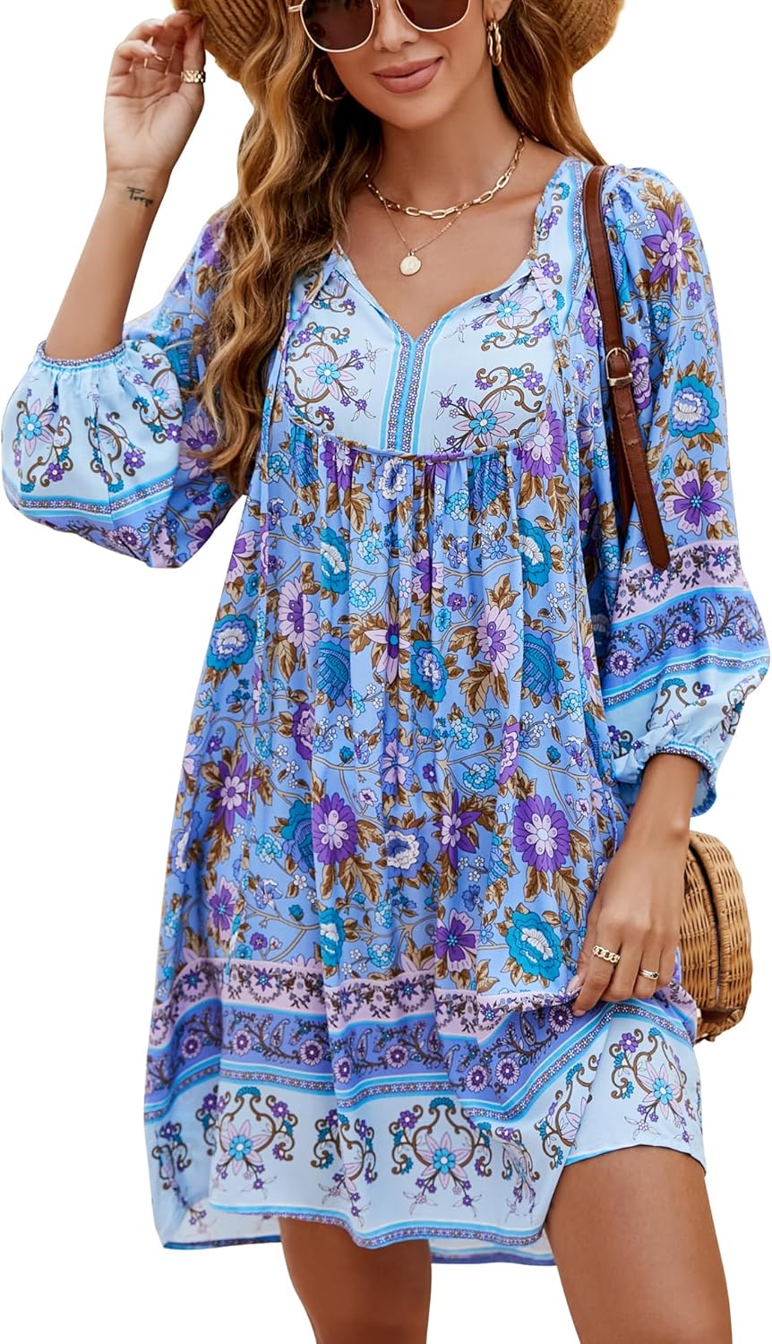 Bluetime Women Casual Summer Dress Boho V Neck Floral Print