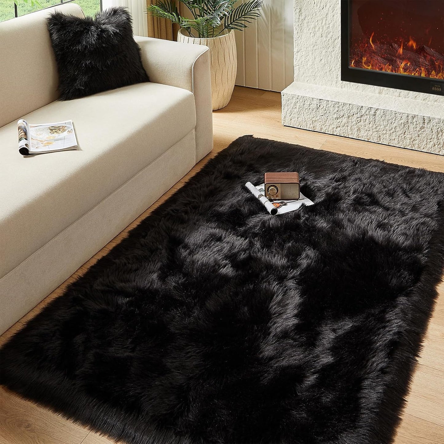 Faux Fur Sheepskin Rug for Living Room - 4 x 6 ft Black Fluffy