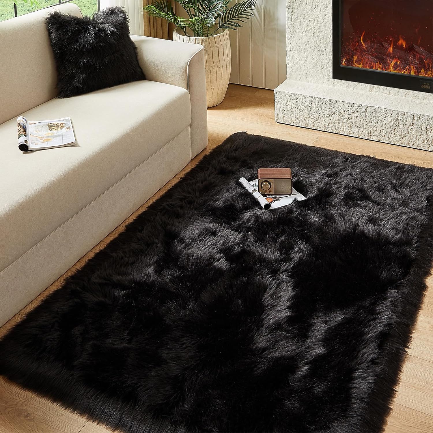 Faux Fur Sheepskin Rug for Living Room - 4 x 6 ft Black Fluffy