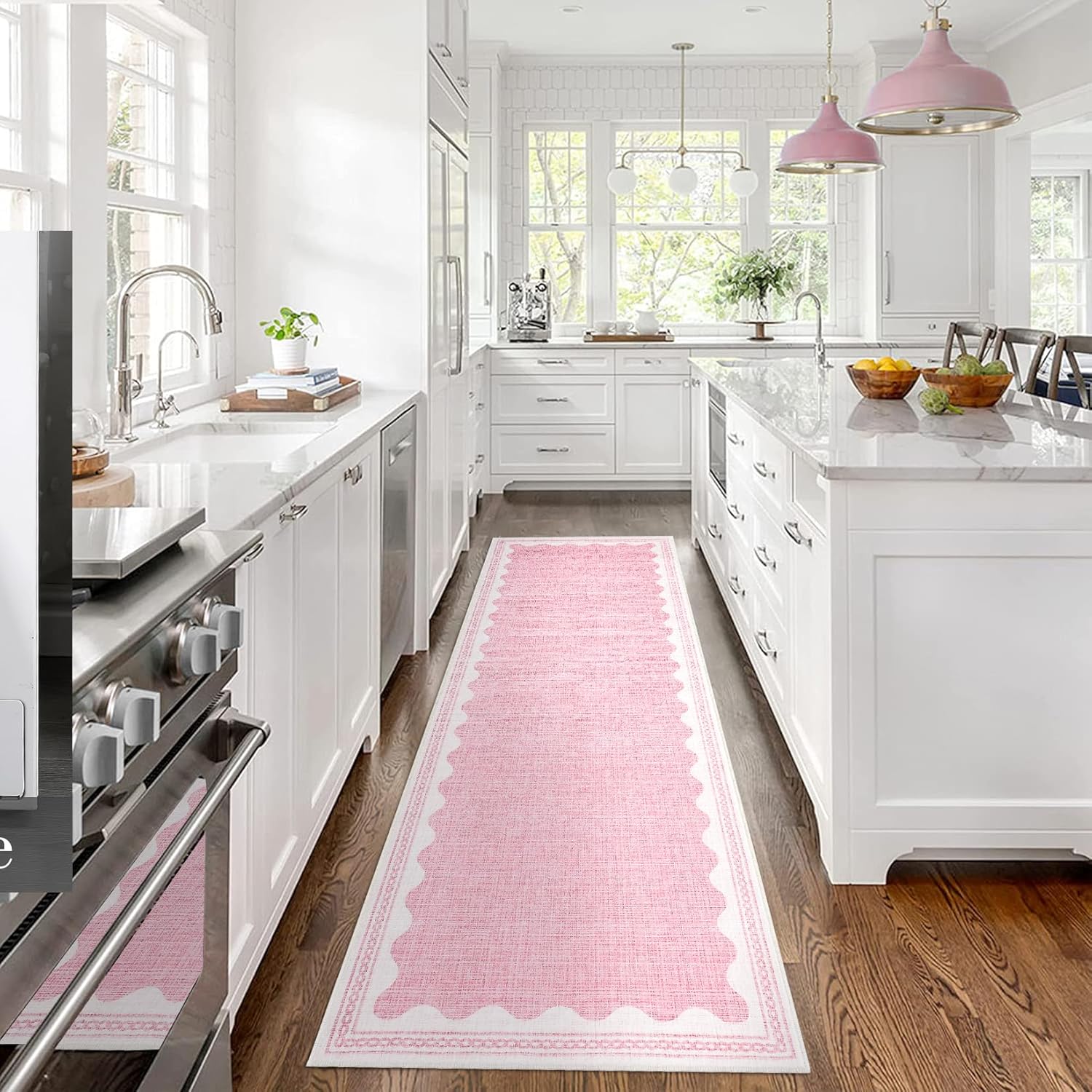 Scalloped Rug 2.5x8 Runners for Hallways, Soft Pink Design