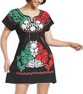 Women Mexican Embroidered Fiesta Dress V Neck Short Sleeve - Casual