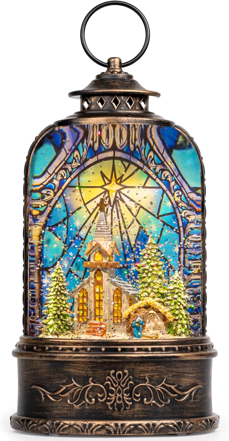 Christmas Snow Globe Lantern with Glittering Churches & Music