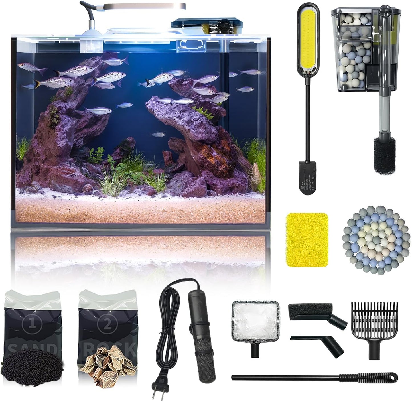 5 Gallon Small Aquarium Set with Heater and Self Cleaning Filter