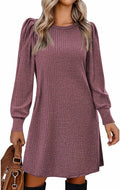 Women's Knit Dress with Puff Sleeves - Casual Fall Tunic Dress