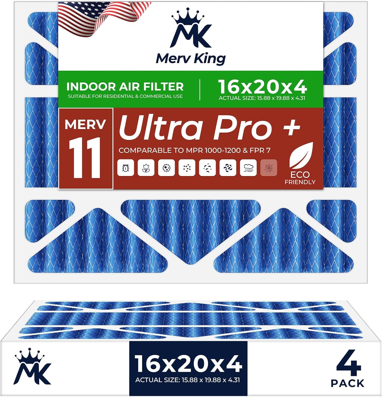 MervKing 16x20x4 Air Filter - MERV 11 Pleated HVAC Replacement