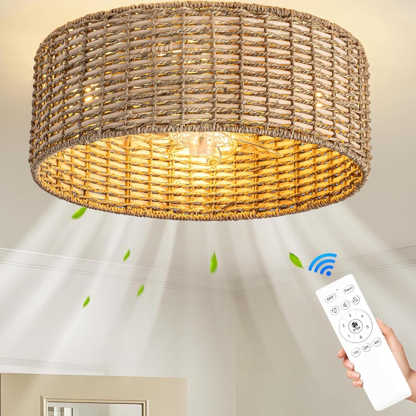 Rattan Caged Boho Fandelier Ceiling Fans with Light Remote Control
