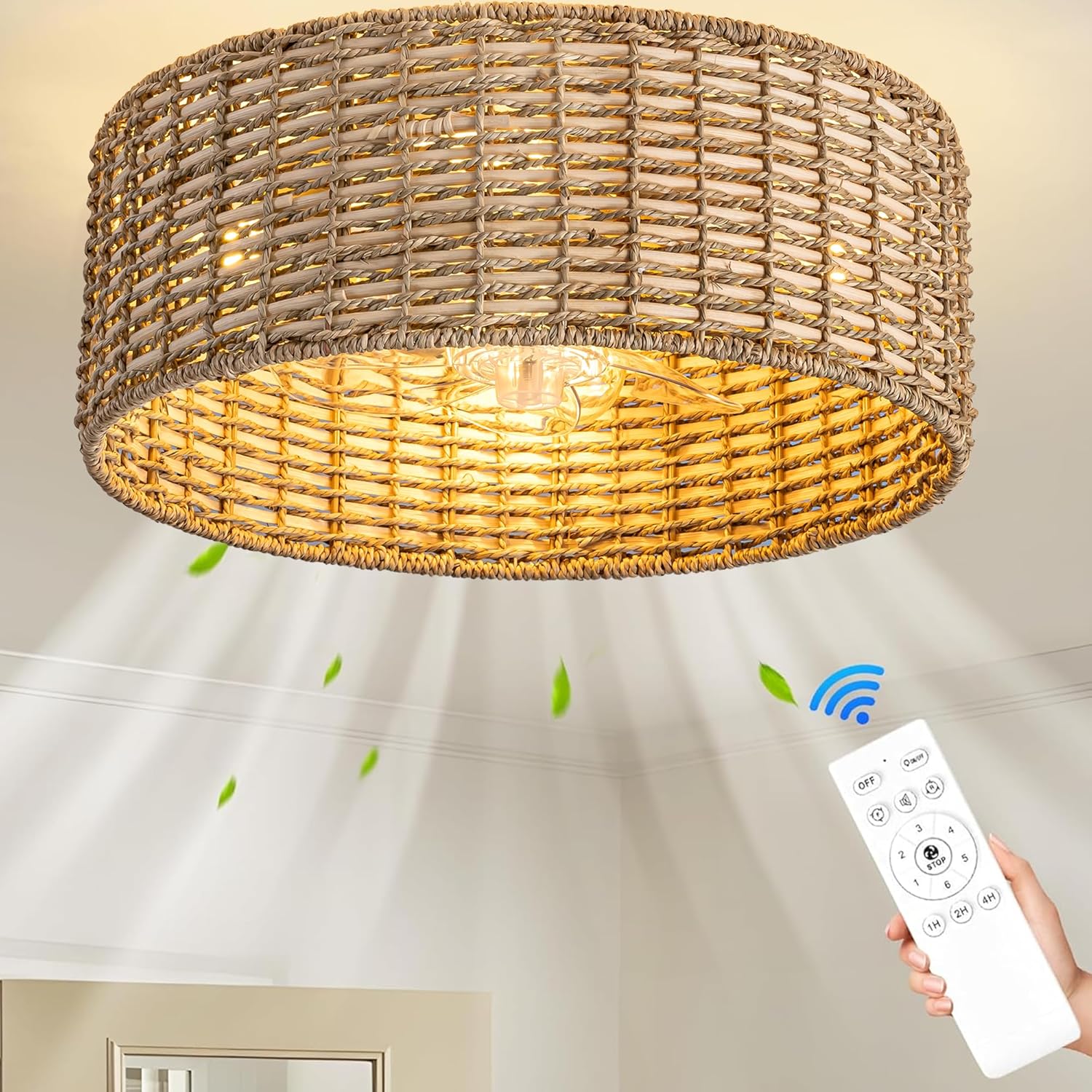 Rattan Caged Boho Fandelier Ceiling Fans with Light Remote Control