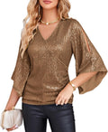 Sequin Tops Womens 3/4 Sleeve V-Neck Sparkly Party Blouse - Flattering