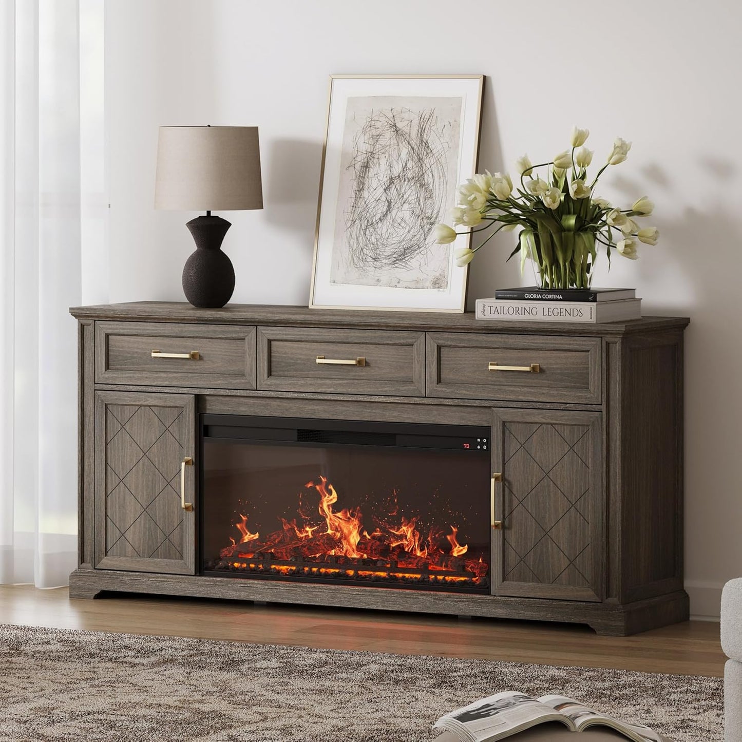 68 Farmhouse TV Stand with Electric Fireplace & Storage