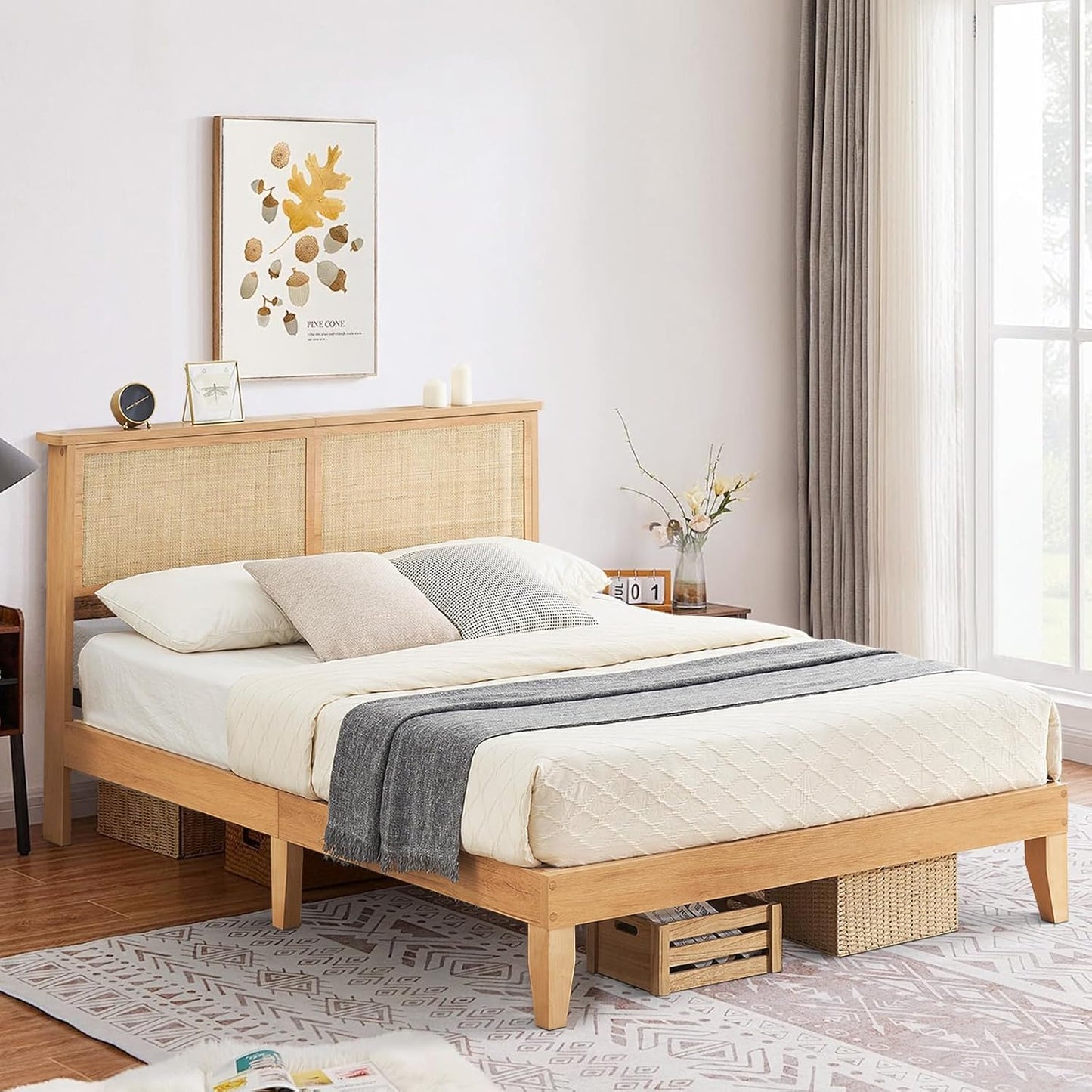 Rattan King Bed Frame with Natural Headboard and LED Lights