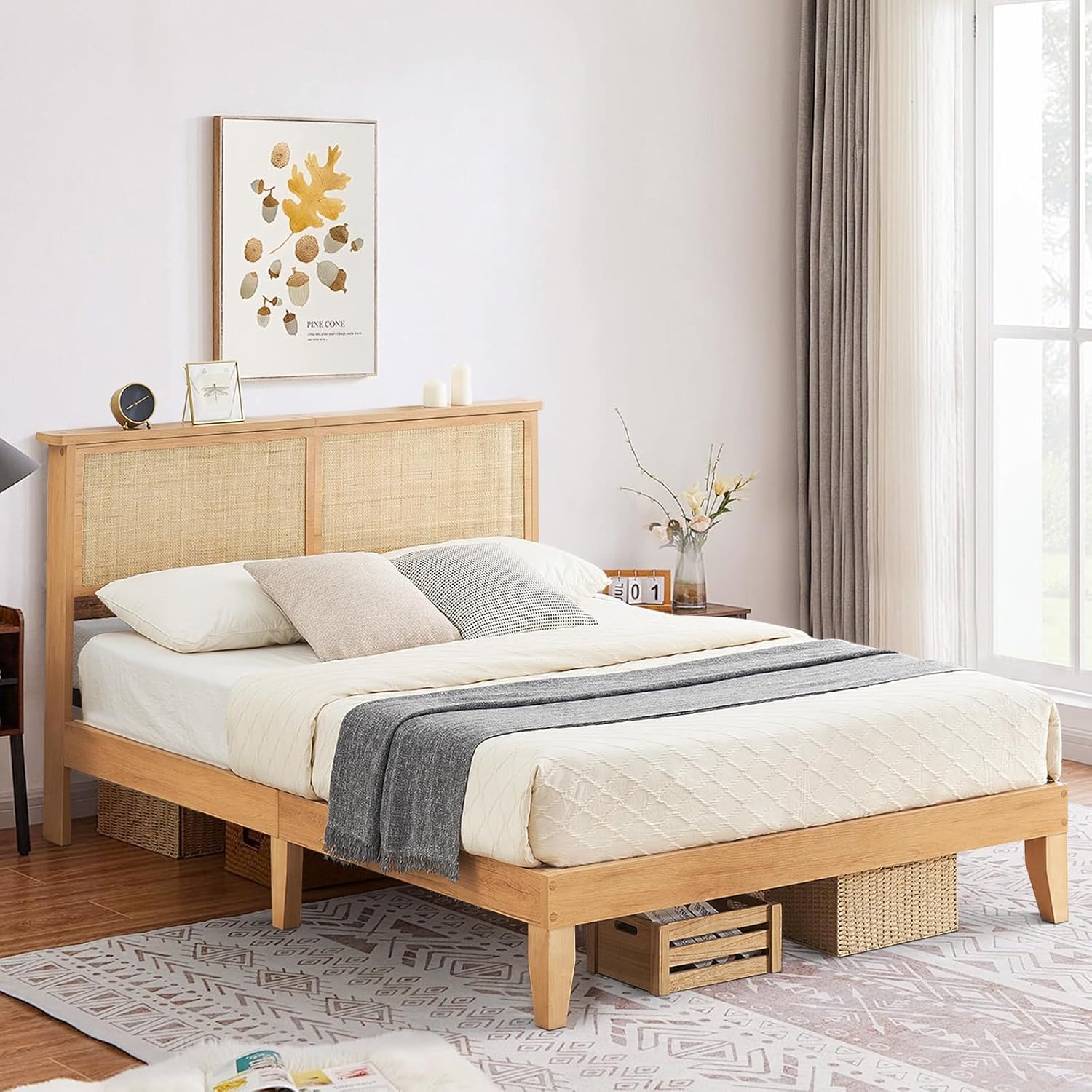 Rattan King Bed Frame with Natural Headboard and LED Lights