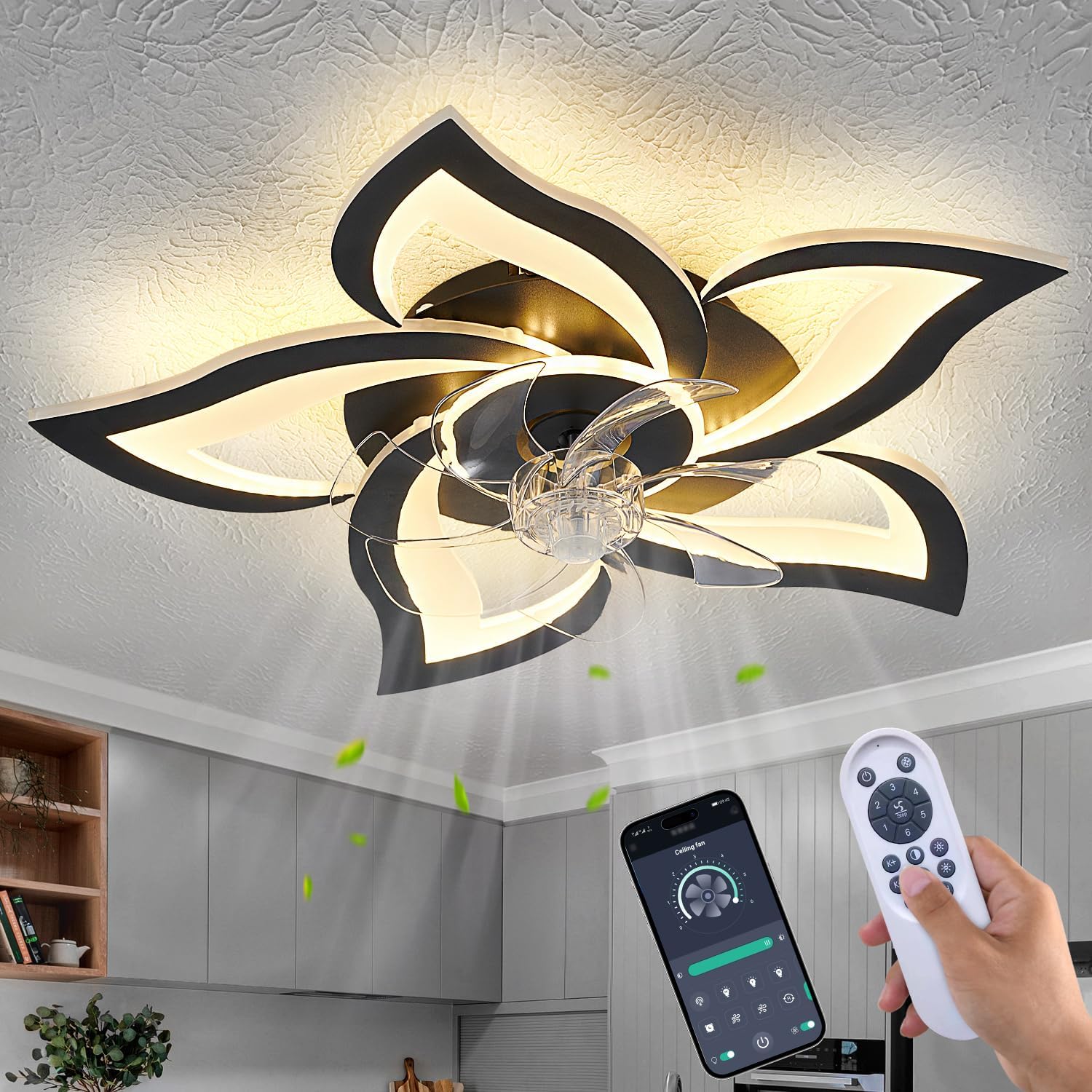 Black Flower Modern Ceiling Fan with Lights for Low Ceilings