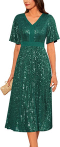GRACE KARIN Sequin V Neck Ruffle Sleeve A-Line Dress - Sparkly Midi