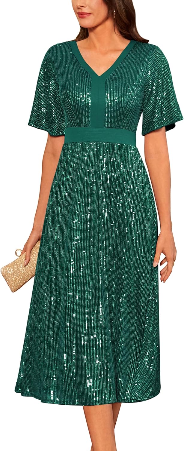 GRACE KARIN Women's Sequin V Neck Ruffle Sleeve Cocktail Dress