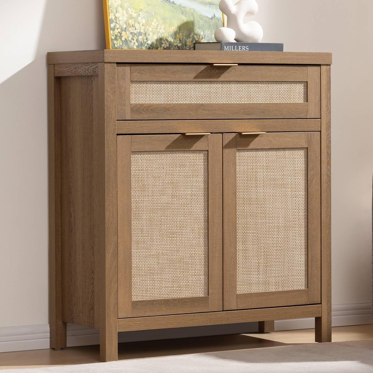 SICOTAS Buffet Cabinet Sideboard with Rattan Doors and Storage