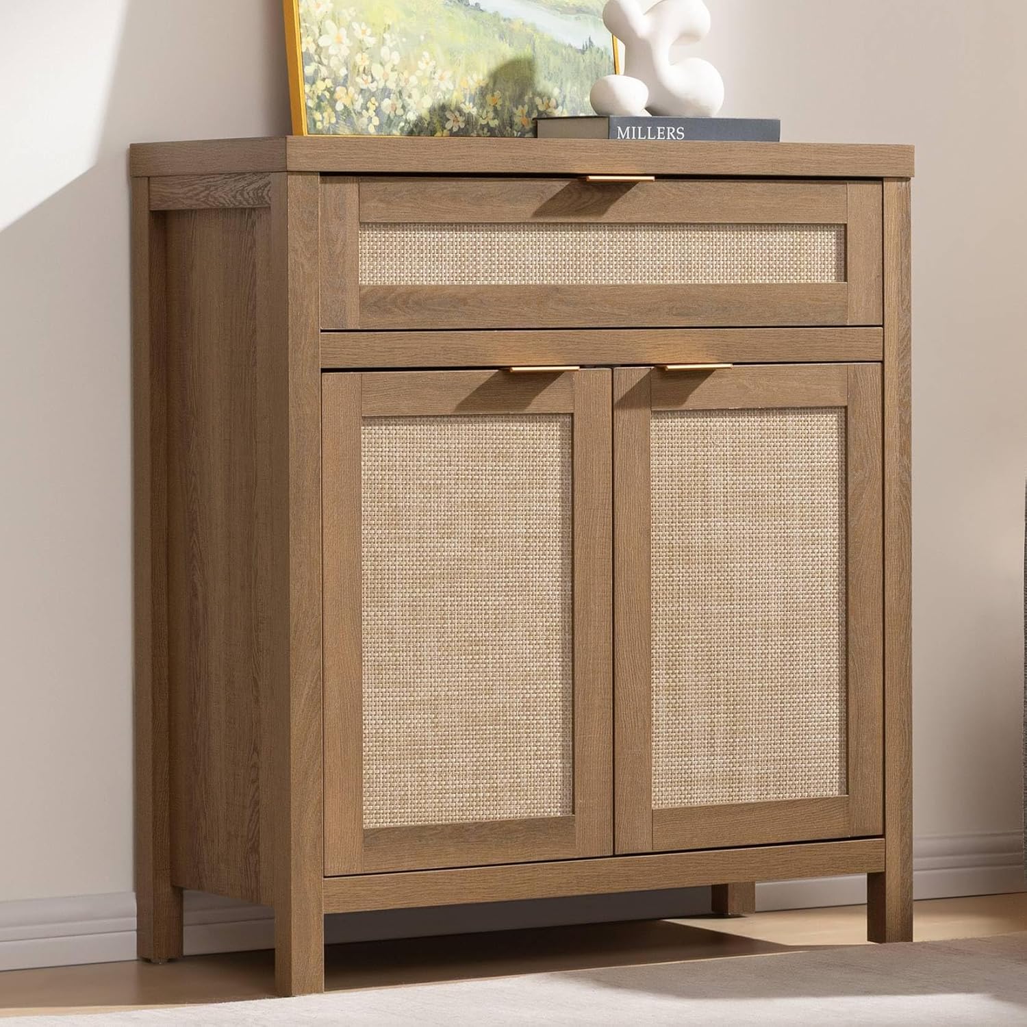 SICOTAS Buffet Cabinet Sideboard with Rattan Doors and Storage