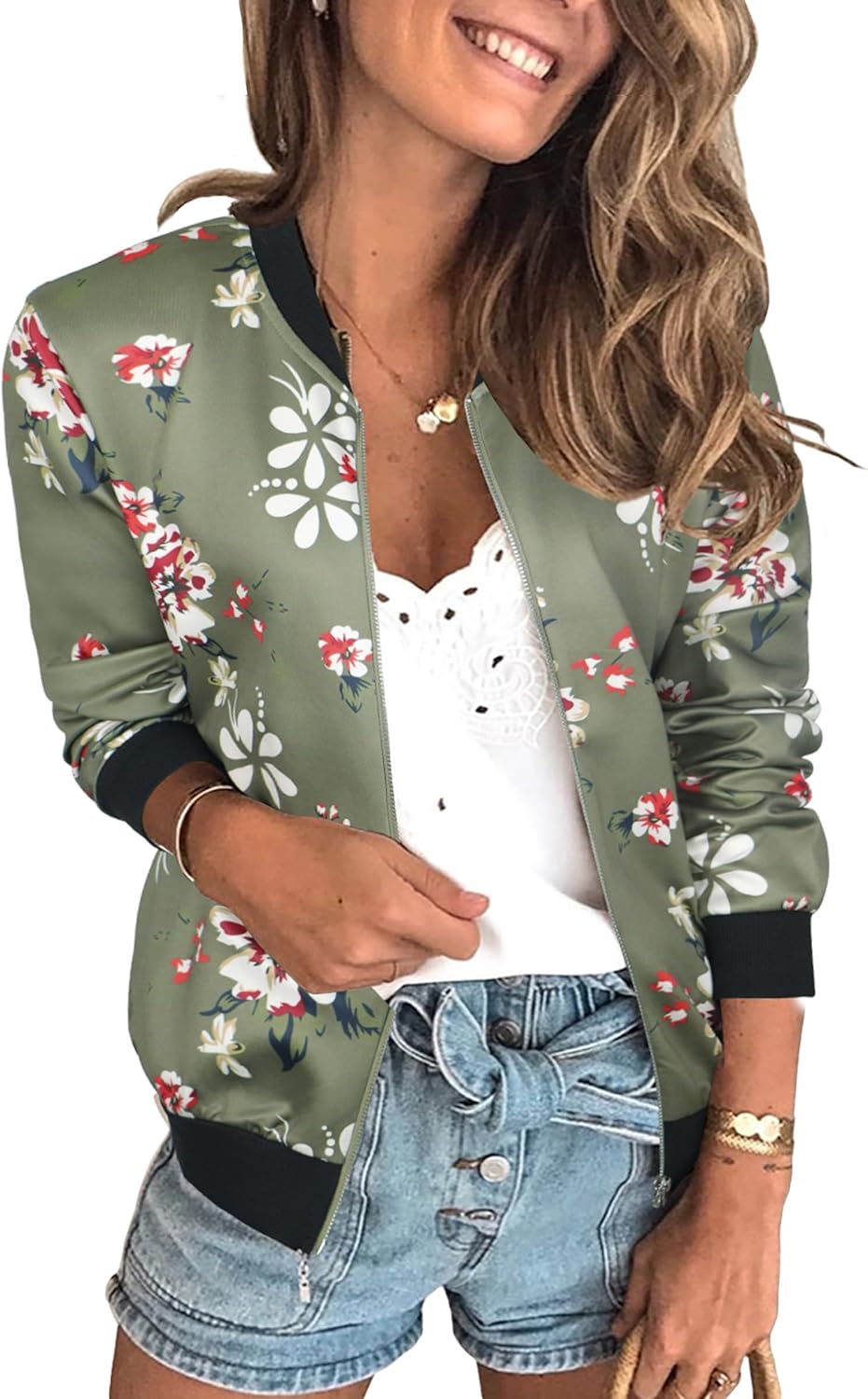 Stylish Floral Zip Up Bomber Jacket for Women by ECOWISH