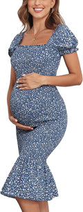 Spring Long Puff Sleeve Maternity Dress Floral Ruffle Hem - Midi