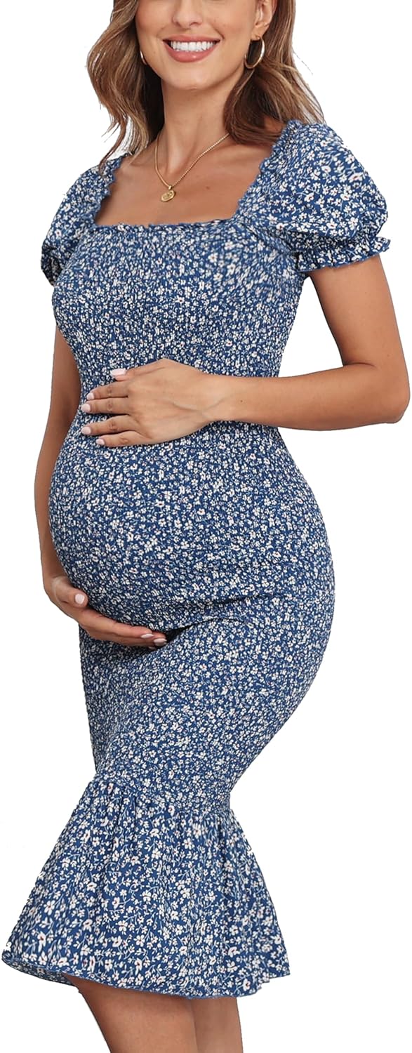 Spring Long Puff Sleeve Maternity Dress for Baby Showers