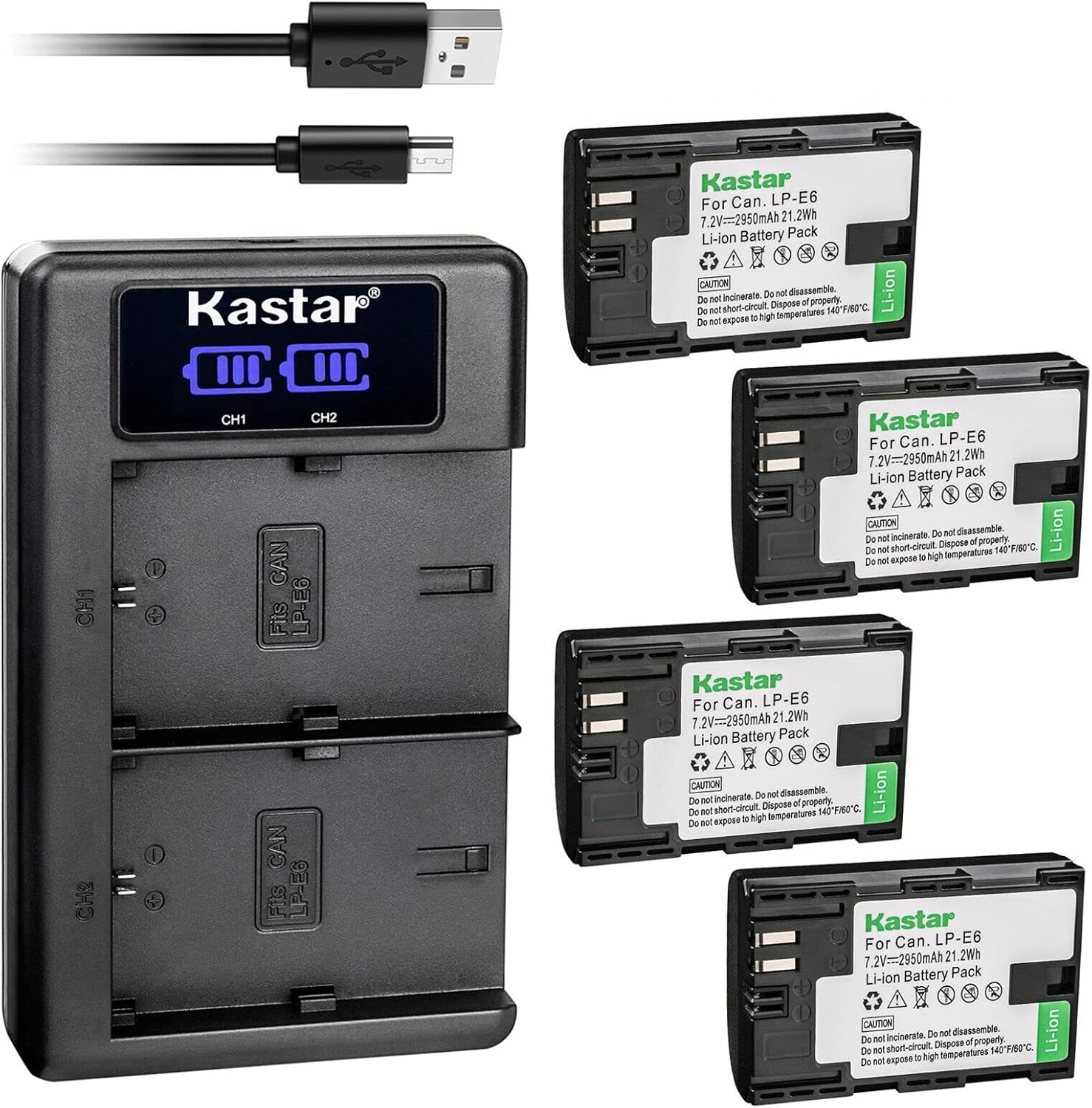Kastar USB LCD Dual Charger & 4 Pack Battery for Canon LP-E6