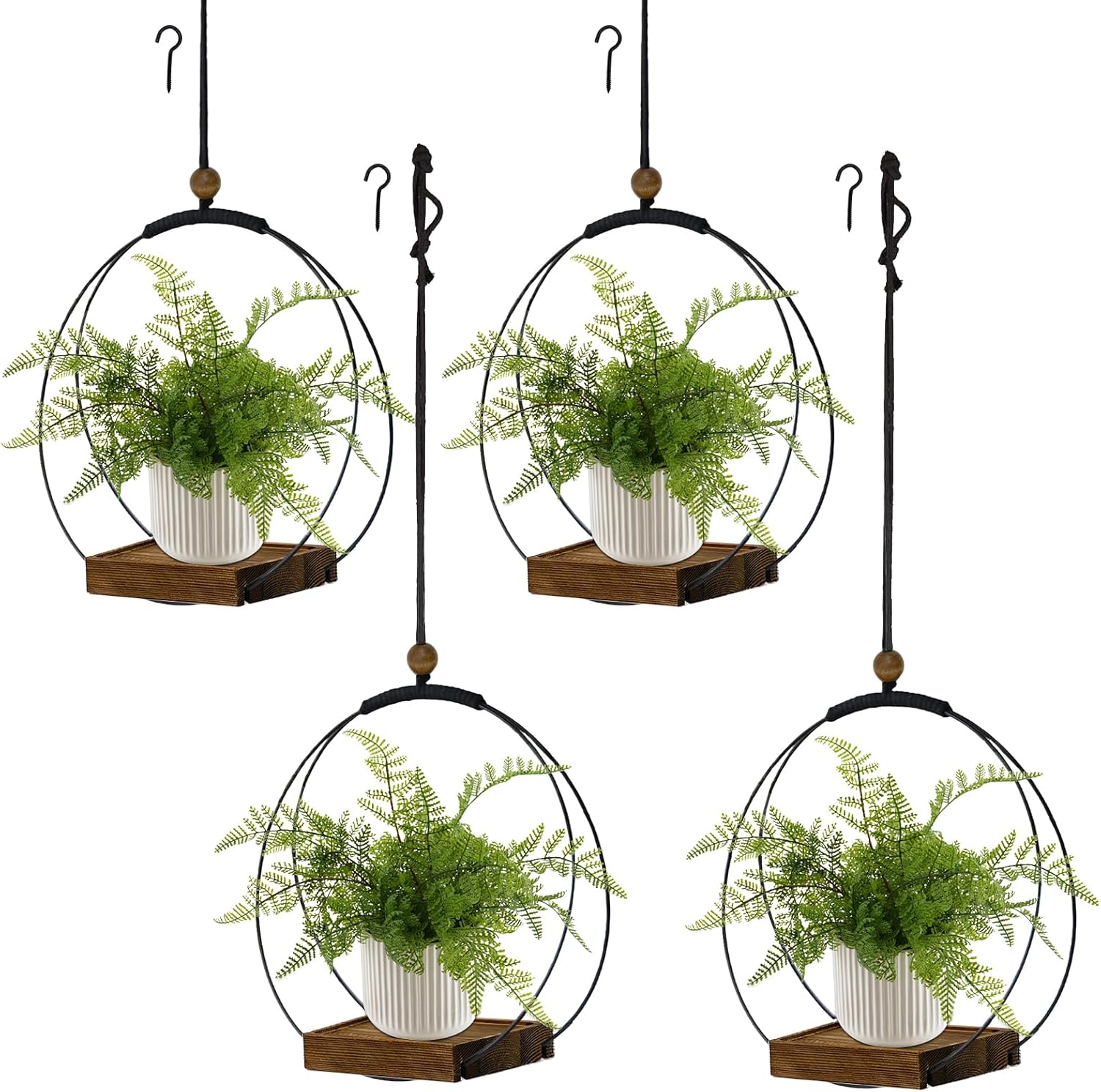 4 Pack Hanging Planters for Indoor Plants with Sturdy Wood Base