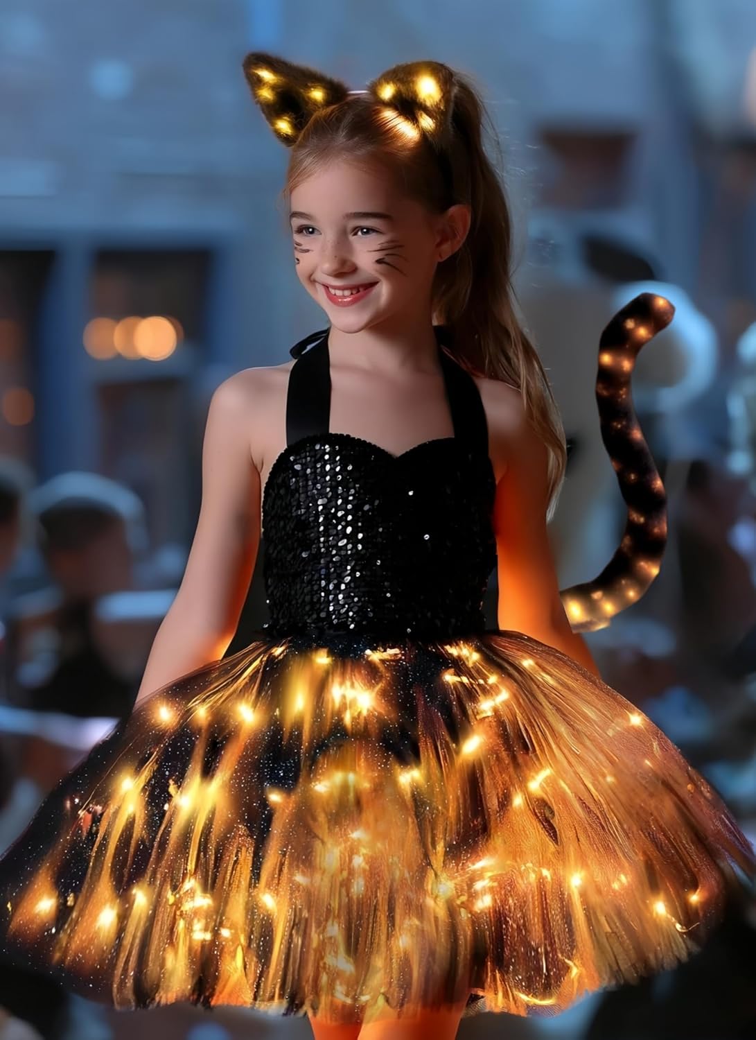 Girls Black Cat Tutu Dress with LED Lights for Halloween Fun