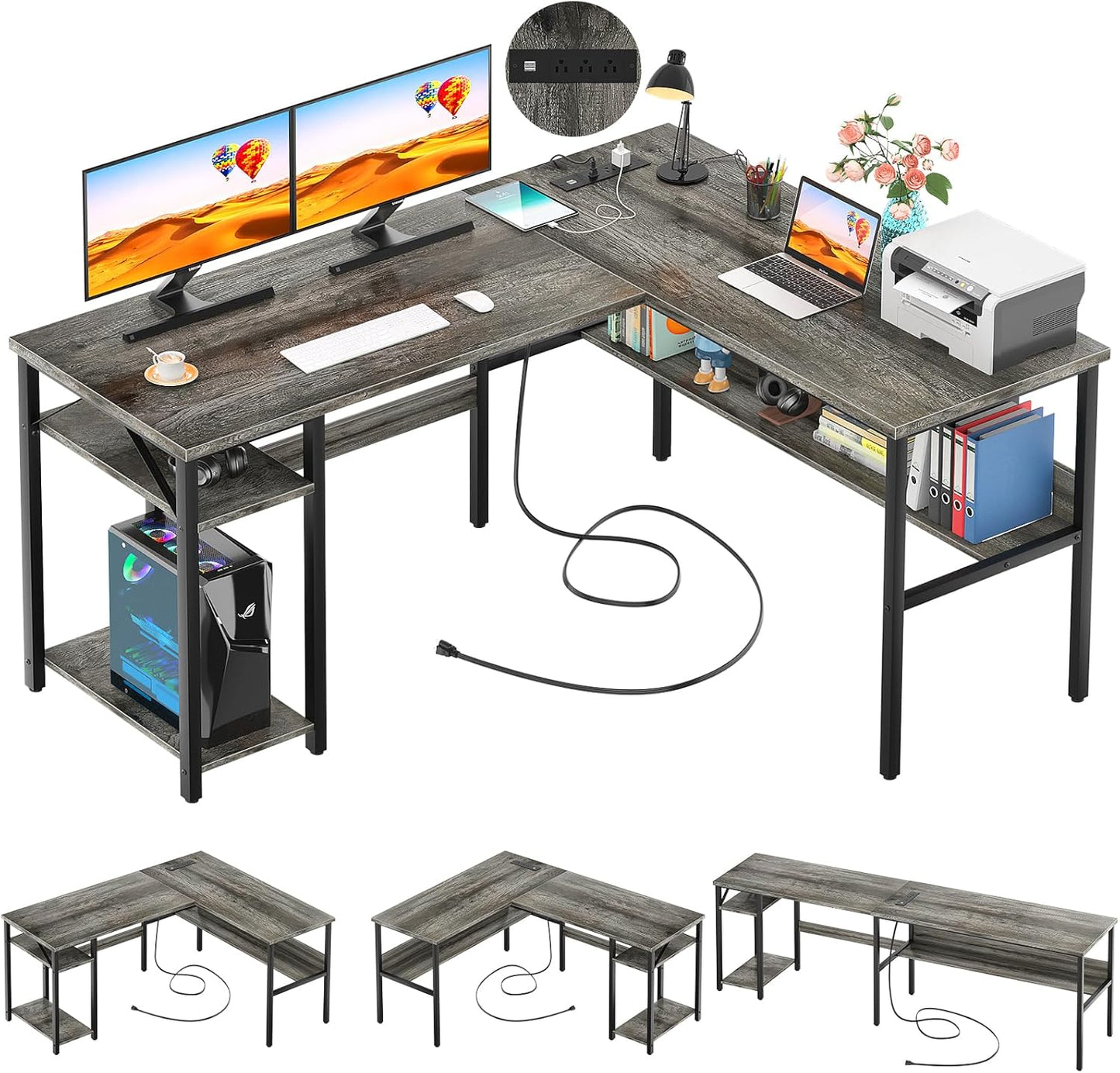 Unikito Reversible L-Shaped Desk with Power Outlets & USB Ports - Stylish & Functional!