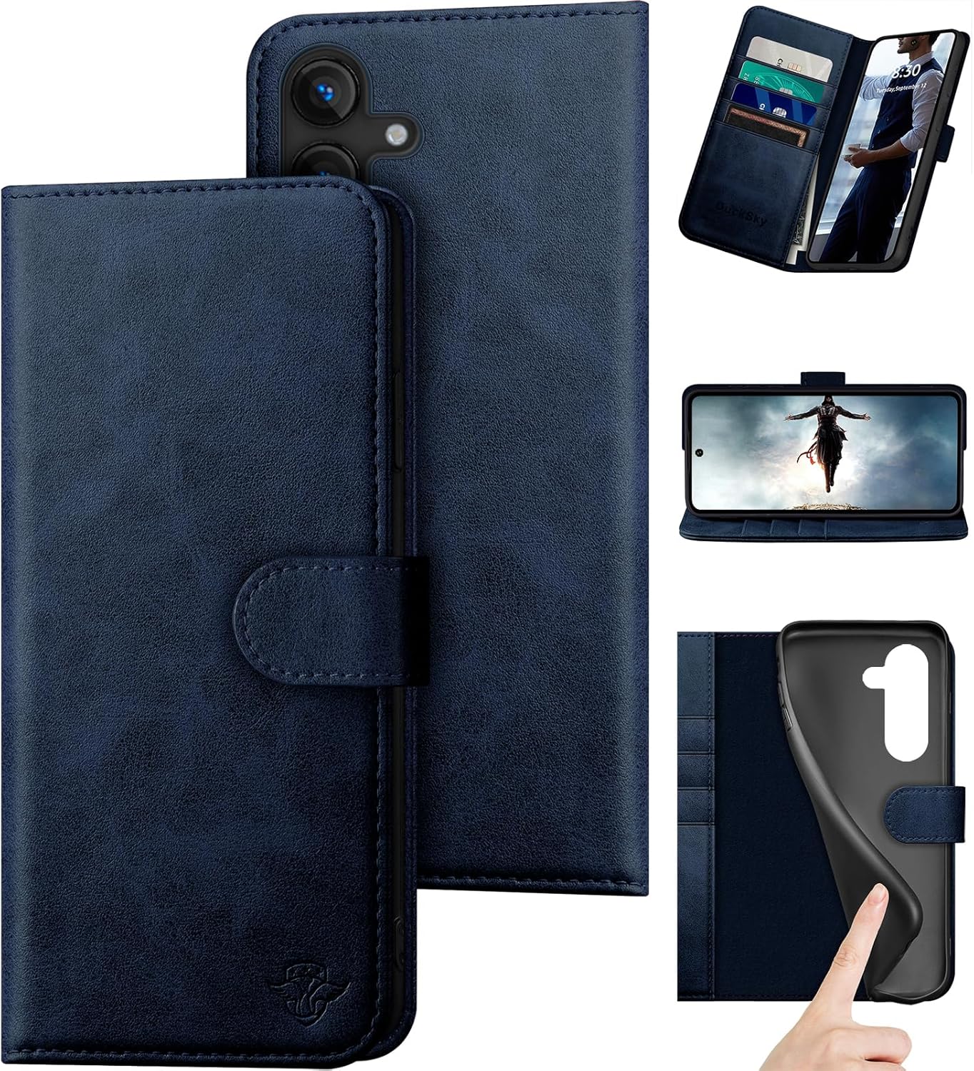 Genuine Leather Wallet Case for Samsung Galaxy S25 FE - Dark Blue