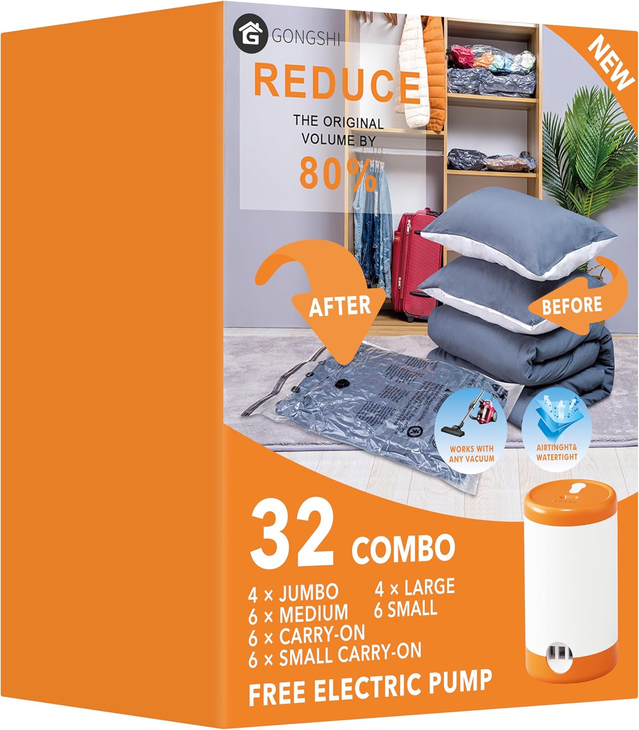32 Pack Vacuum Storage Bags with Electric Pump for Clothes