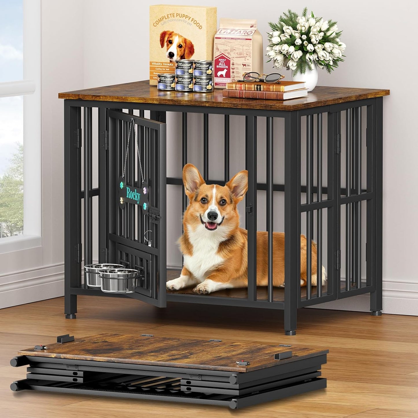 Foldable Dog Crate Furniture for Medium Dogs with Adjustable Bowls