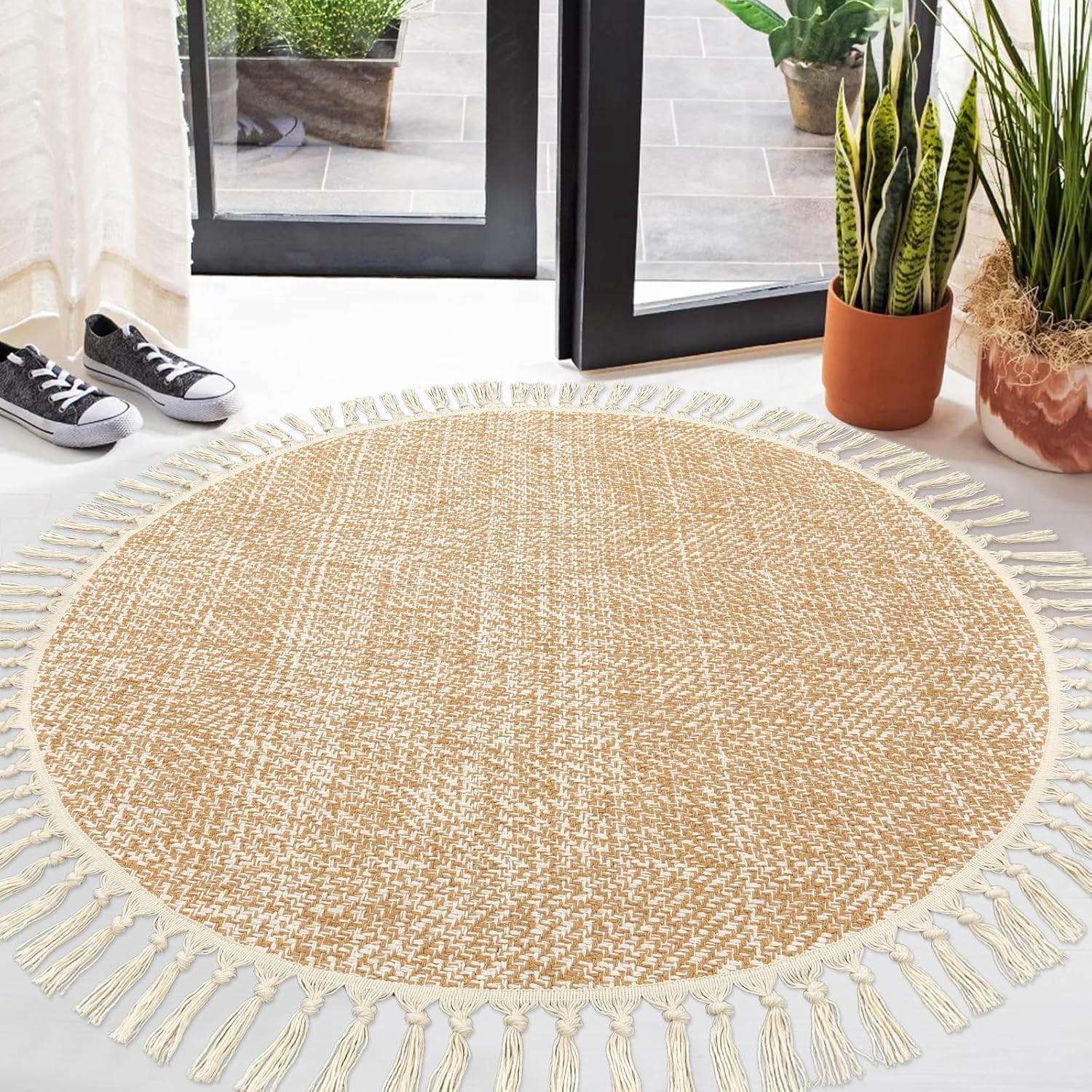 Hand Woven Round Area Rug Soft Cotton Machine Washable Carpet