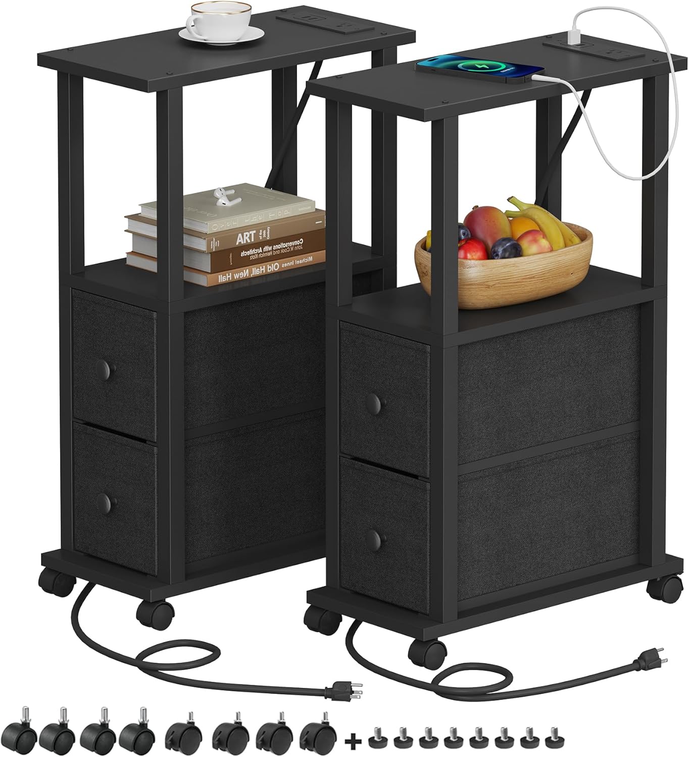 Narrow End Tables with Charging Station and 2 Fabric Drawers