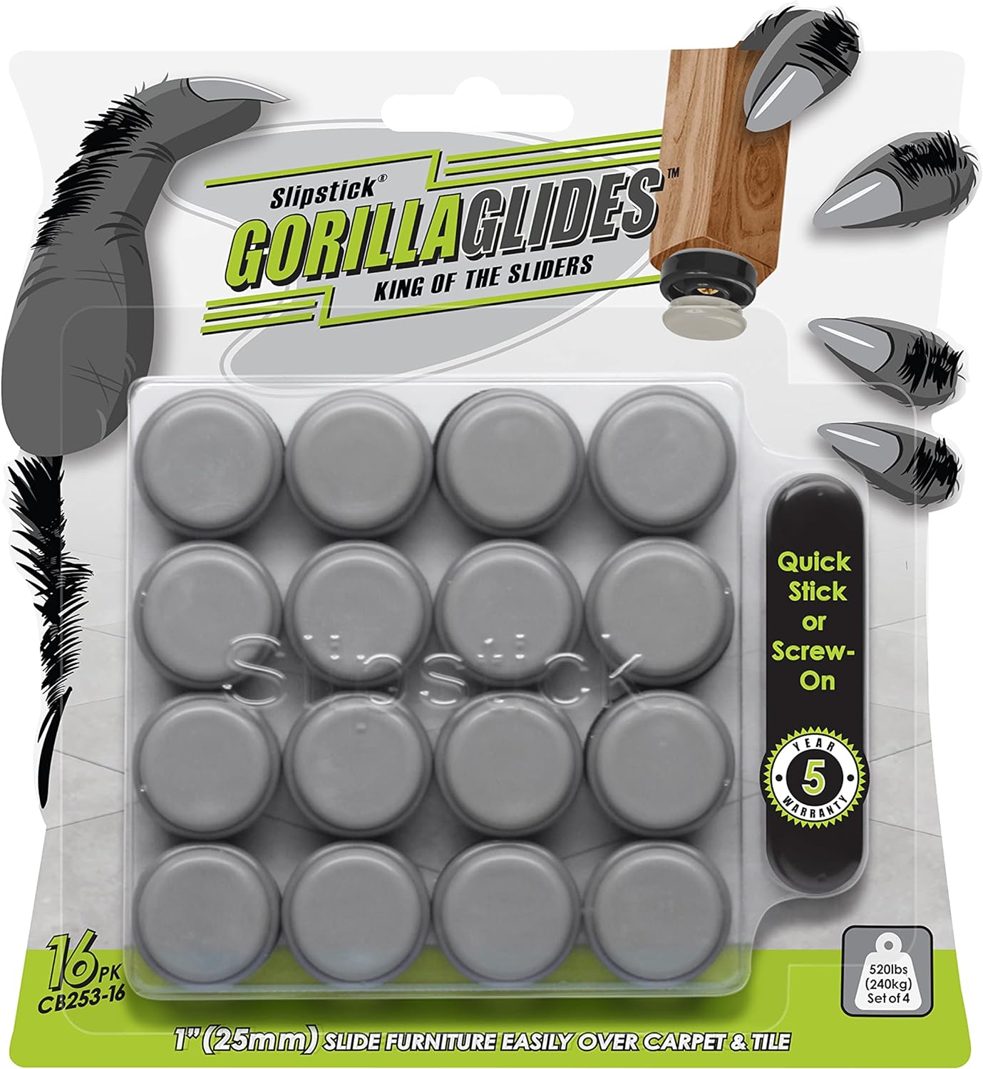 Slipstick GorillaGlides 1 Chair Sliders - Protect Floors