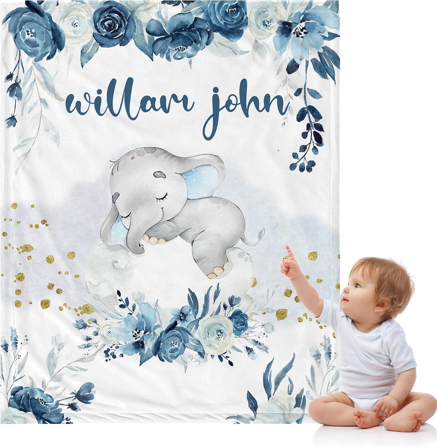Personalized Blue Elephant Baby Blanket