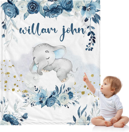Personalized Blue Elephant Baby Blanket