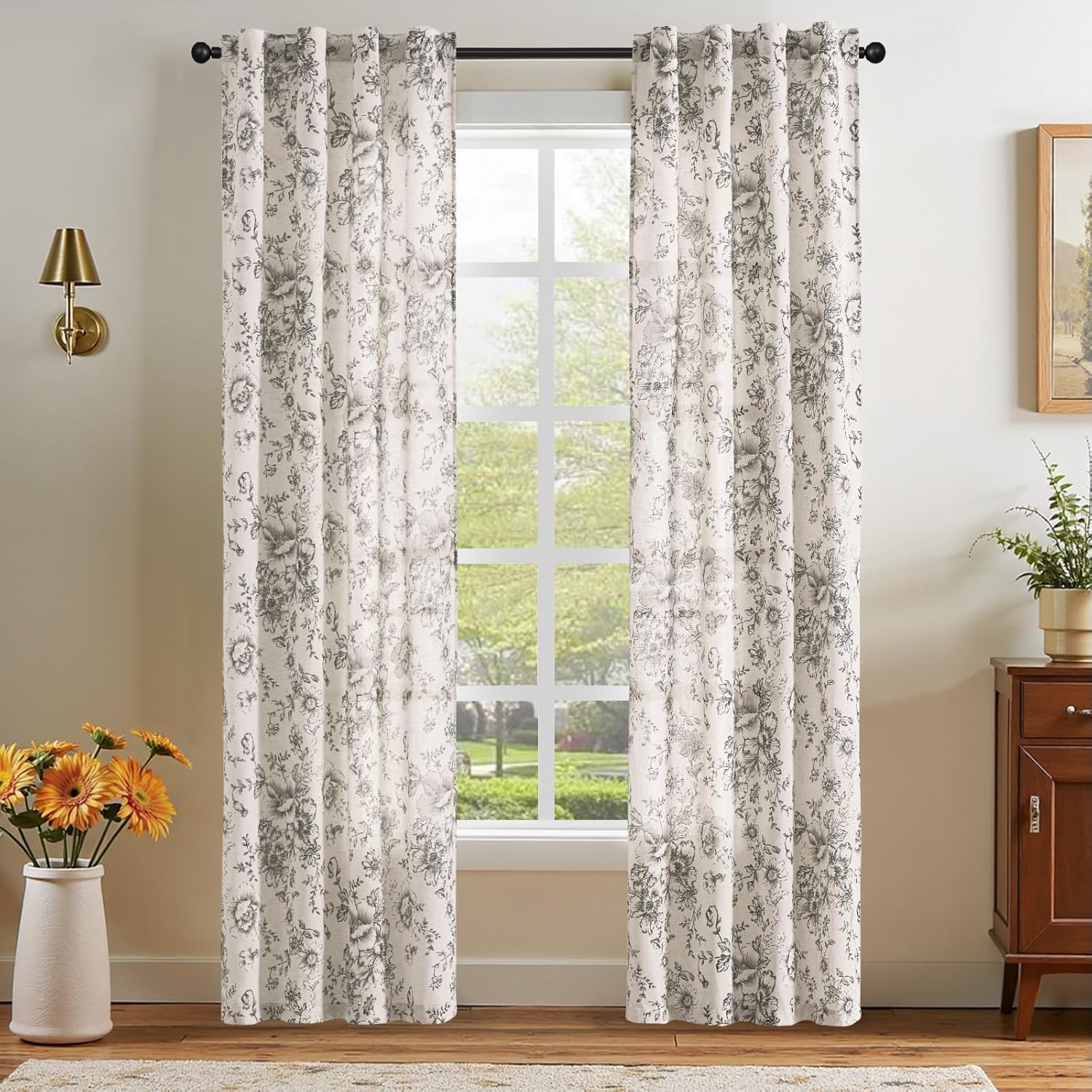 Linen Floral Curtains 84 Inch Length for Living Room Bedroom